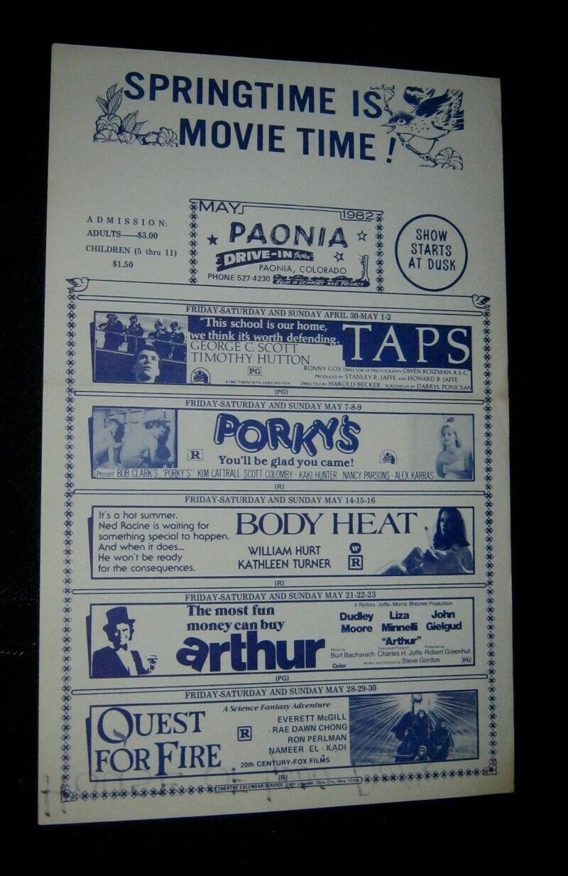 Original Paonia Colorado Drive-In BODY HEAT Arthur TAPS Porkys QUEST FOR FIRE