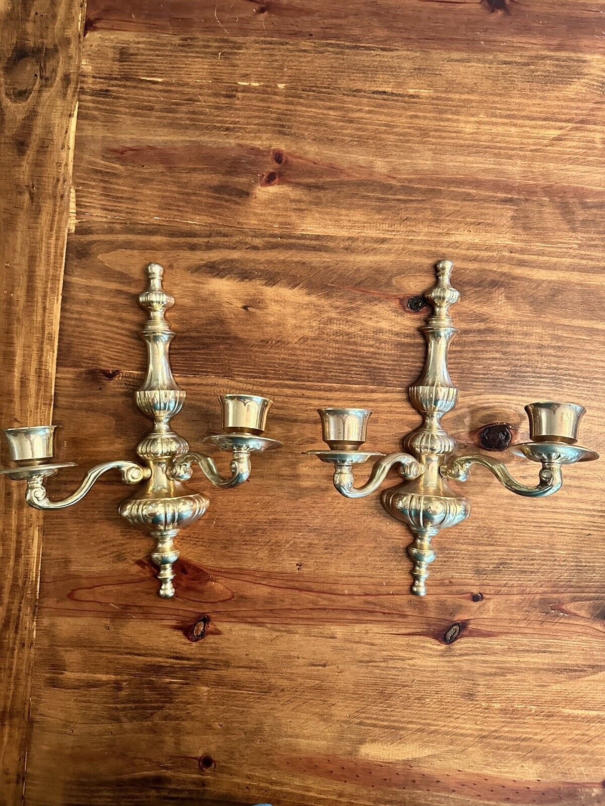 Pair Vintage Brass Metal Wall Sconce Double 2 Arm Candle Holder
