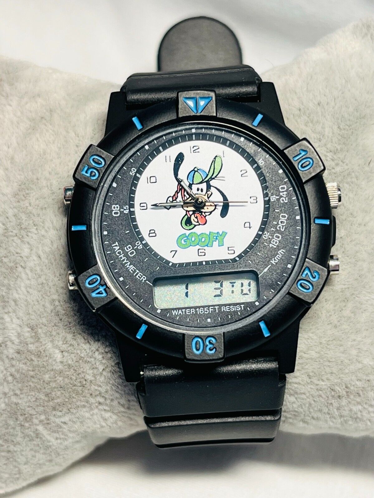 RARE Men's Disney Goofy Tachymeter Ana+Digi Black Quartz Watch New Battery