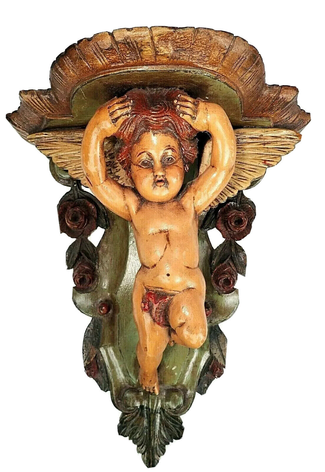 16” Carved Wood Shelf Cherup Full Figural Winged Angel Vtg Wall Decor Protection