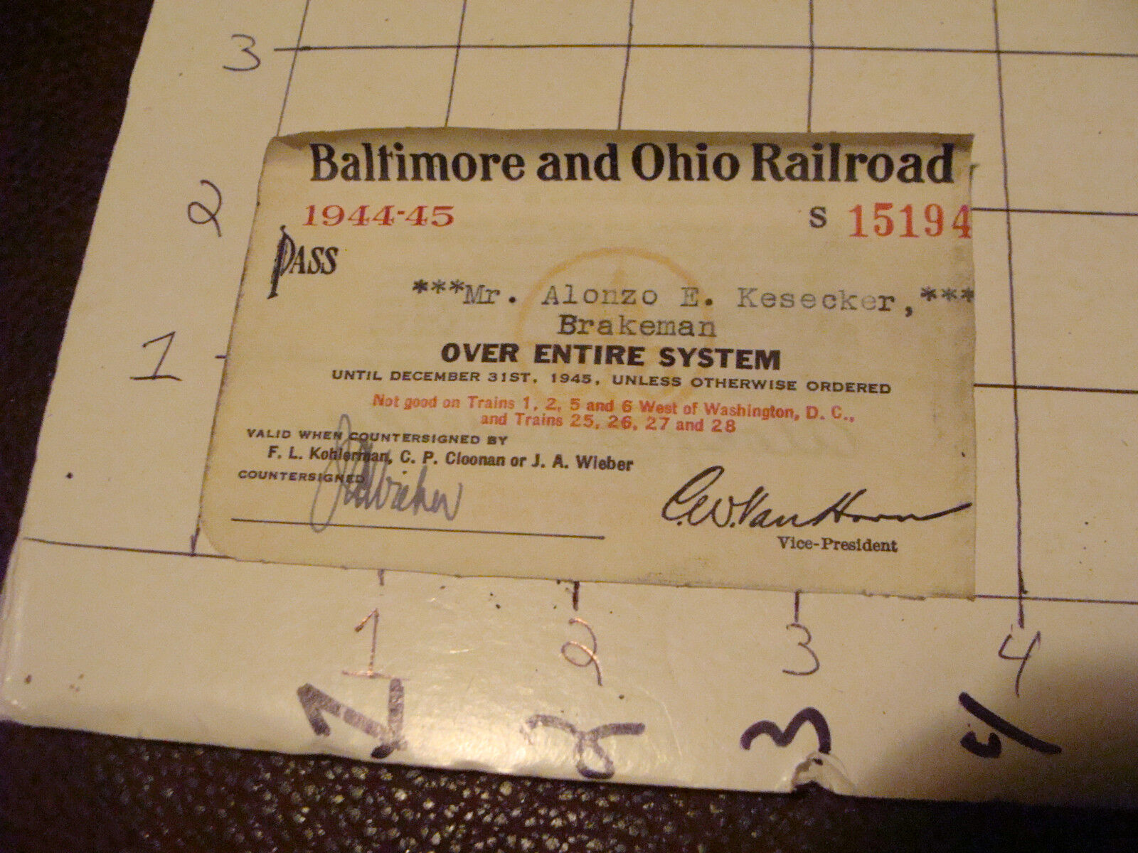 Original RAILROAD PASS: Baltimore & ohio B&O, 1944-45 system paper pass