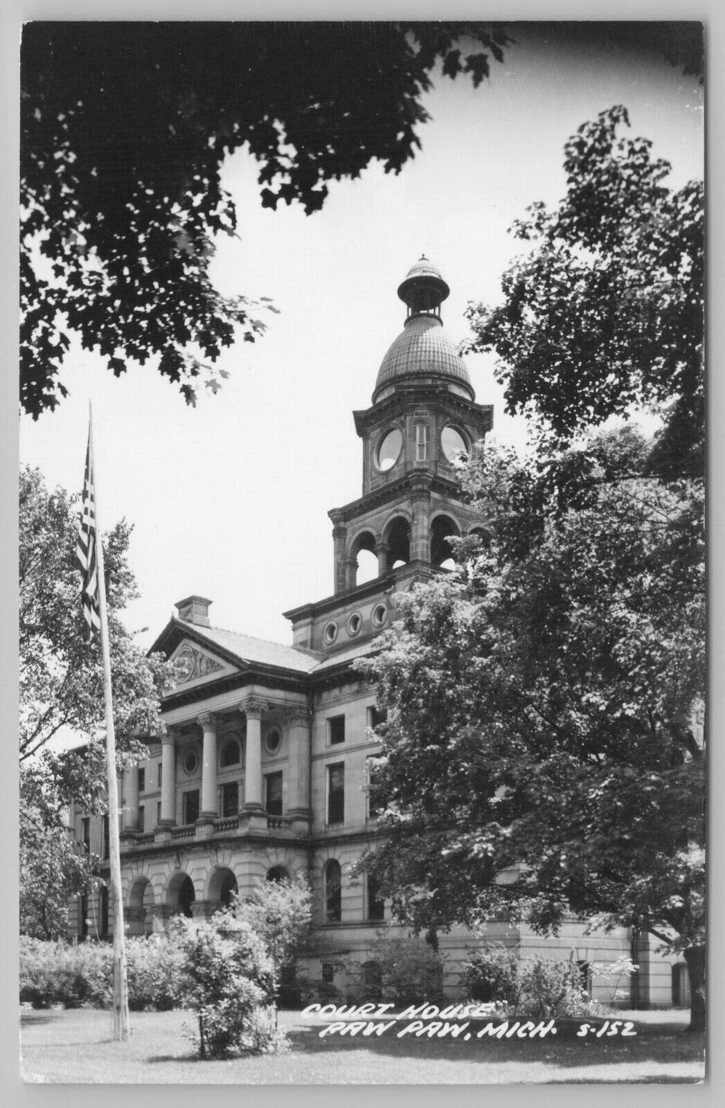 Paw Paw Michigan~No Clocks in Tower of Courthouse in Serene Setting RPPC c1950