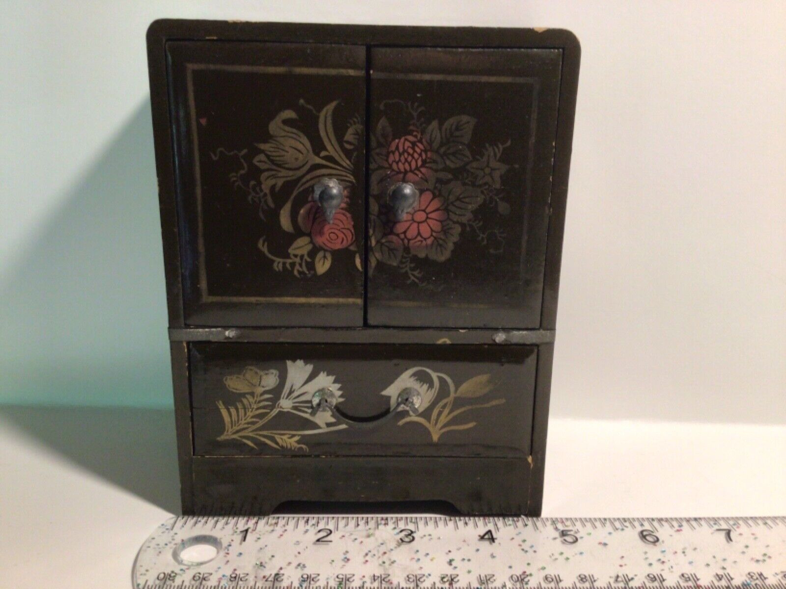 Vintage Brown Lacquer Hand painted Japanese Jewelry Box  Doll house Dresser