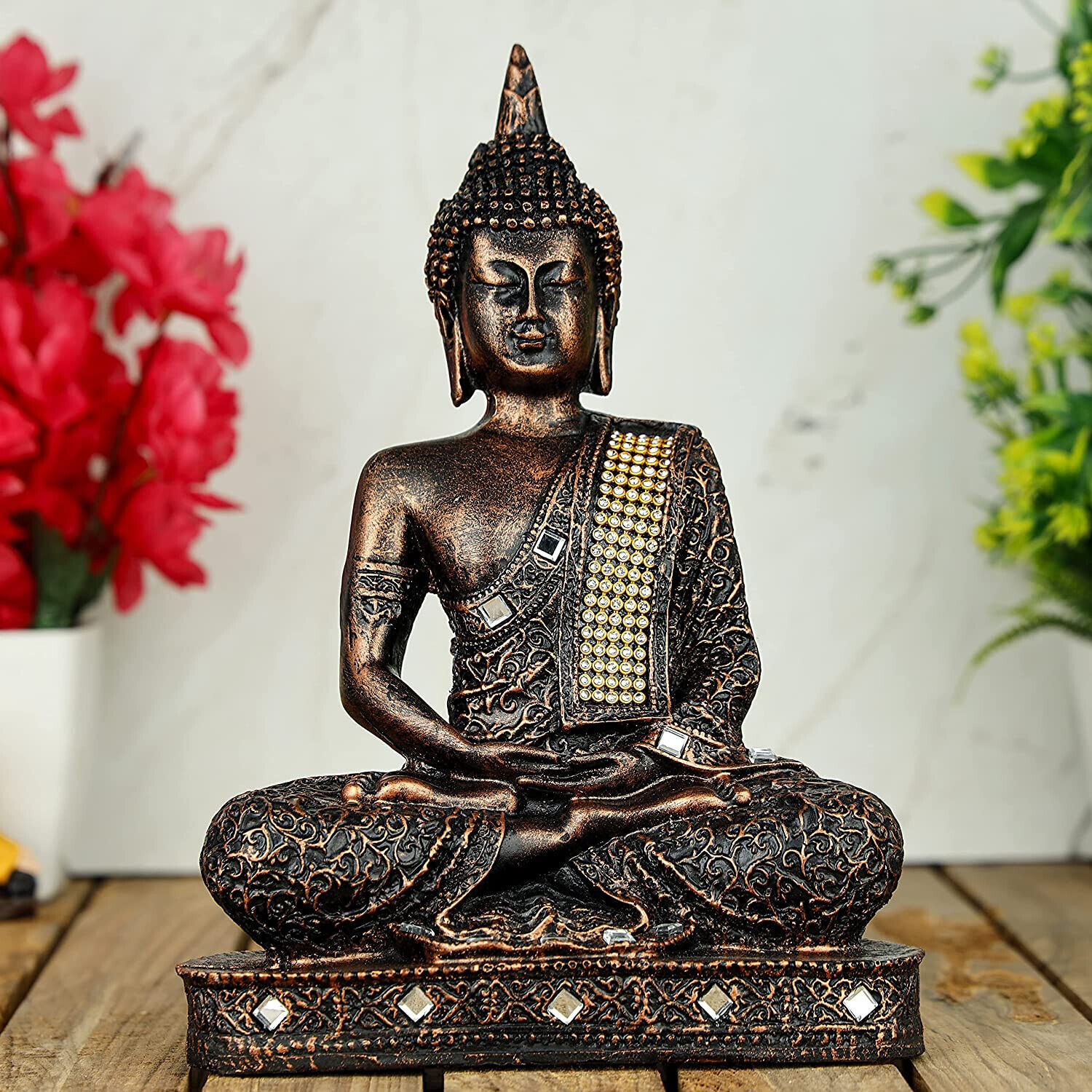 Polyresin Sitting Buddha Statue Showpiece Multicolor for Home Decor & Gifting
