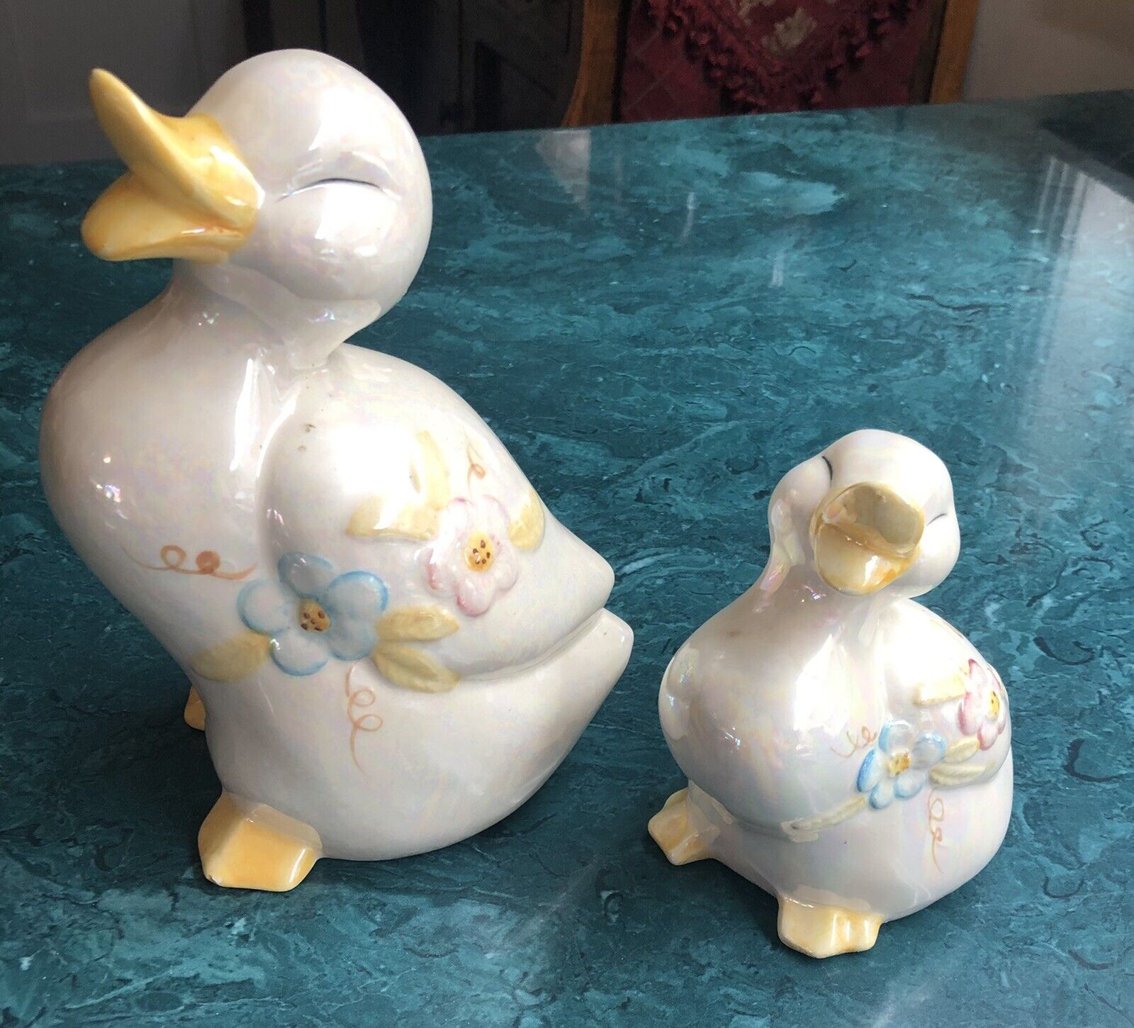 Vintage Happy Iridescent Ceramic Duck Figurines (app 8.5” & app 5.5”) Adorable