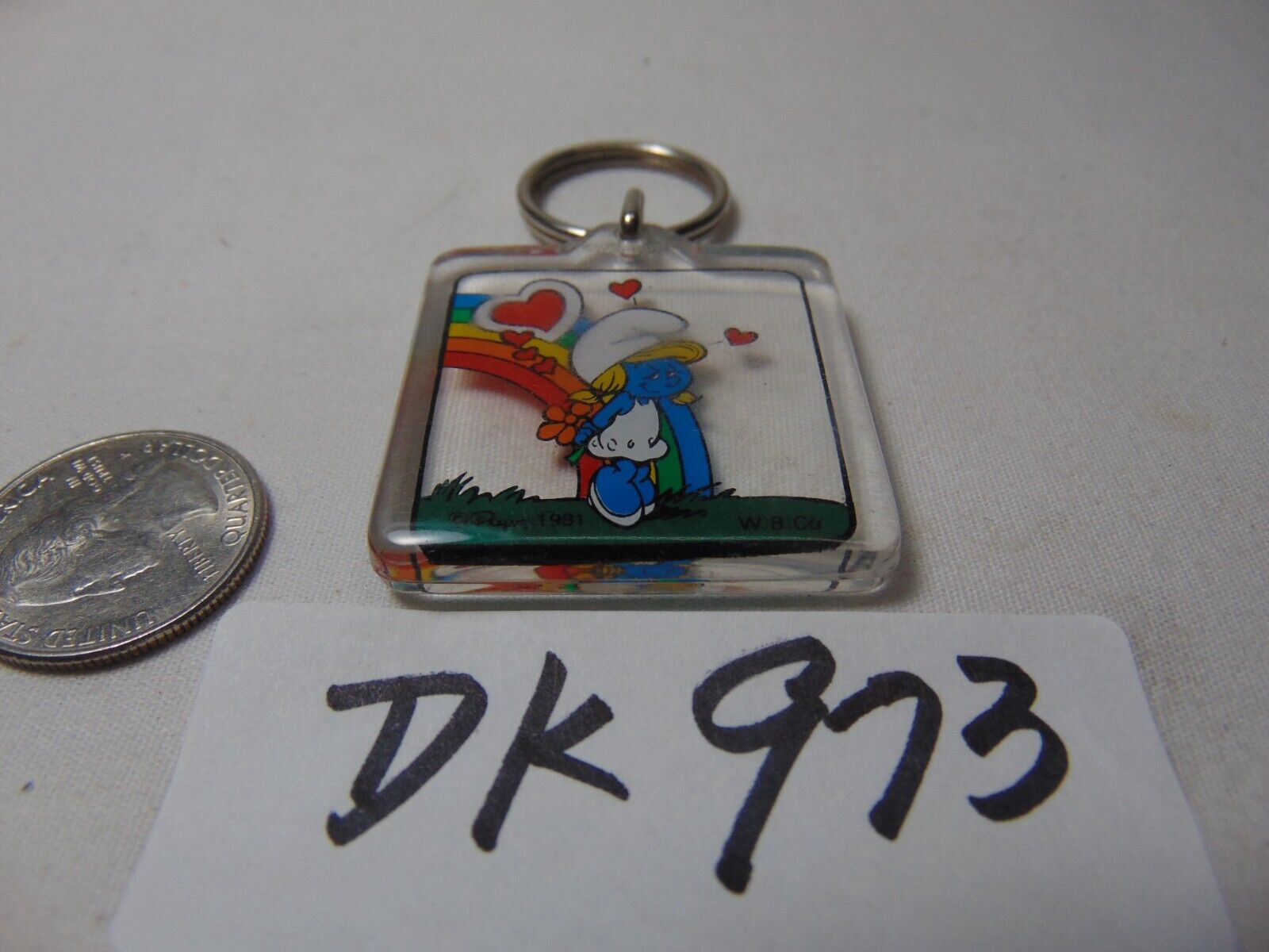 Vintage 1981 Smurf Keychain Key Chain W.B Co. Smurfette Love Heart Rainbow