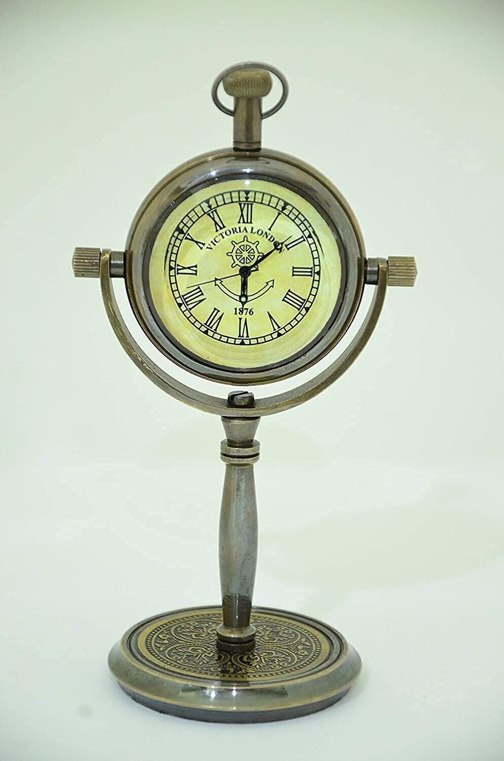 Brass Victoria London 1876 Desk and Shelf Clock Roman Dial Nautical Clock, Engra