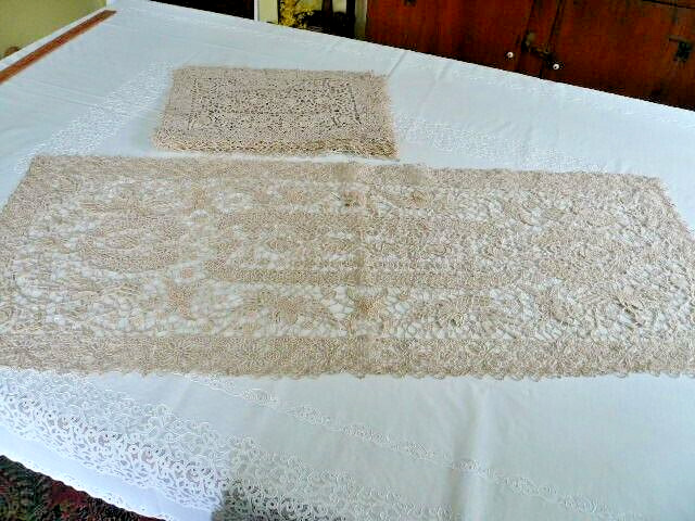 Set of Antique Italian Reticella Needle Lace Runner + 8 Placemats