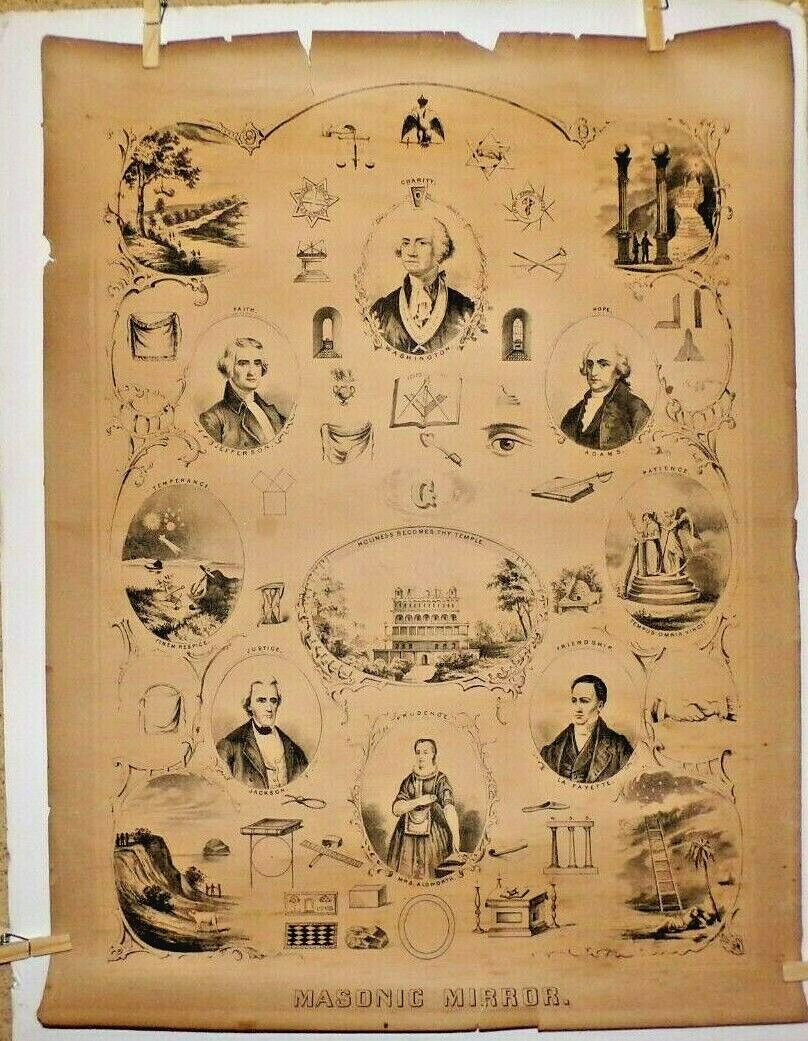 Antique Masonic Mirror Lithograph Freemason Lodge Poster Lady Aldworth Print