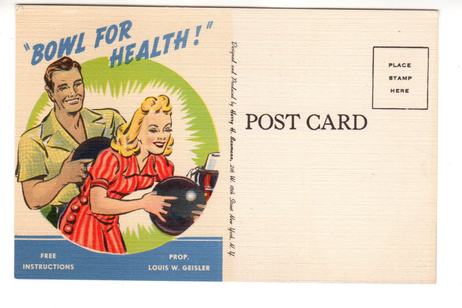 Linen Postcard: Bowl for Health - Hempstead Recreation Centre, Long Island NY
