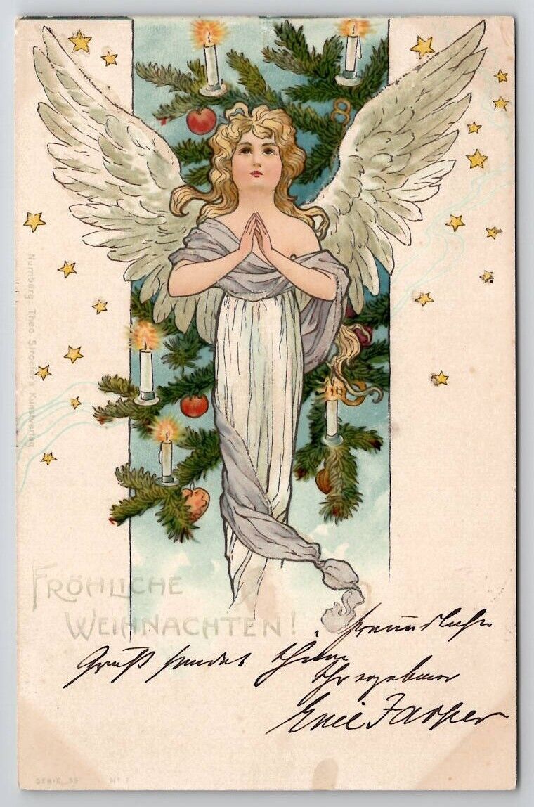 Christmas Angel Candlelit Tree c1900 Postcard A38