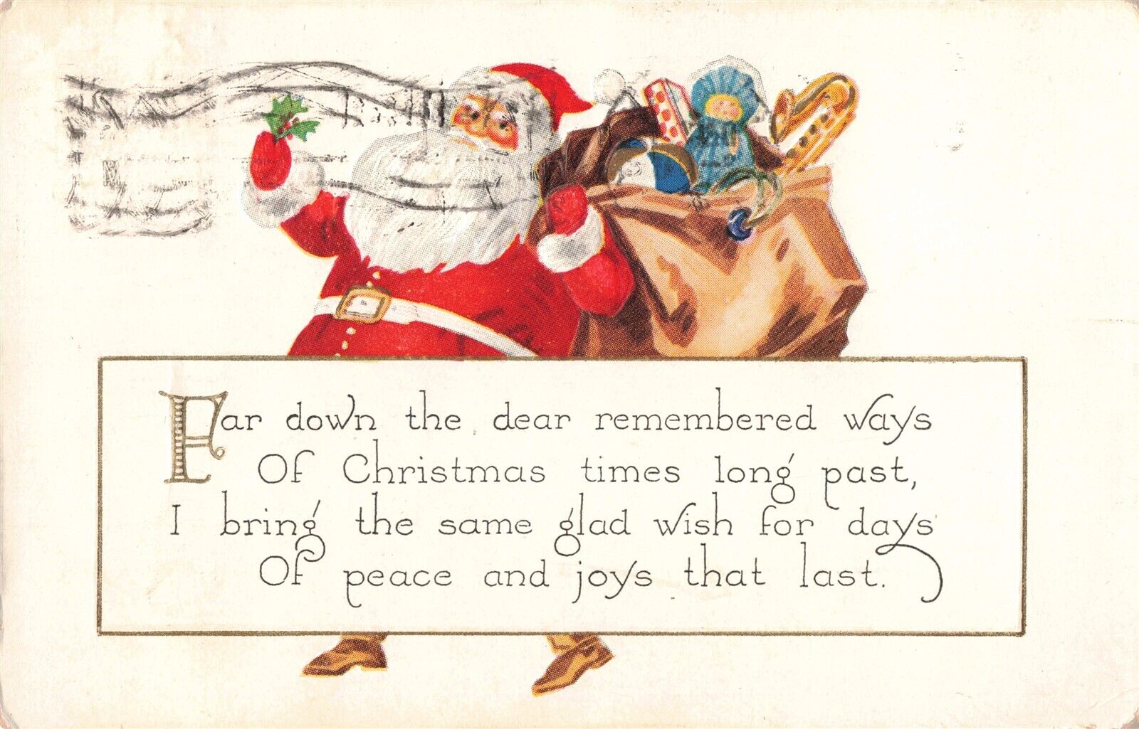 Santa Clause Carrying Sack of Christmas Presents Embossed 1925 Postcard B429