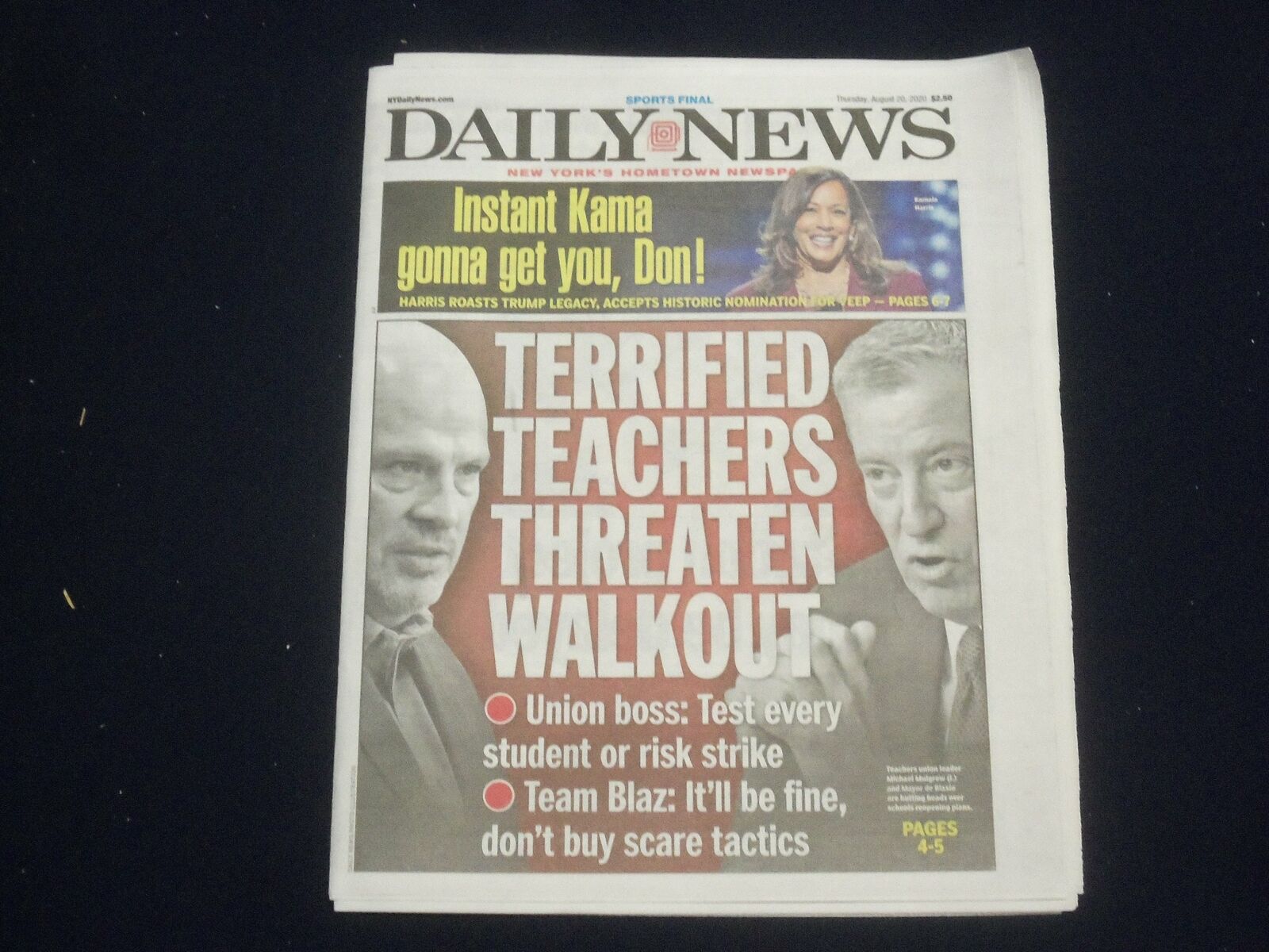 2020 AUGUST 20 NEW YORK DAILY NEWS NEWSPAPER - NYC TEACHERS THREATEN WALKOUT