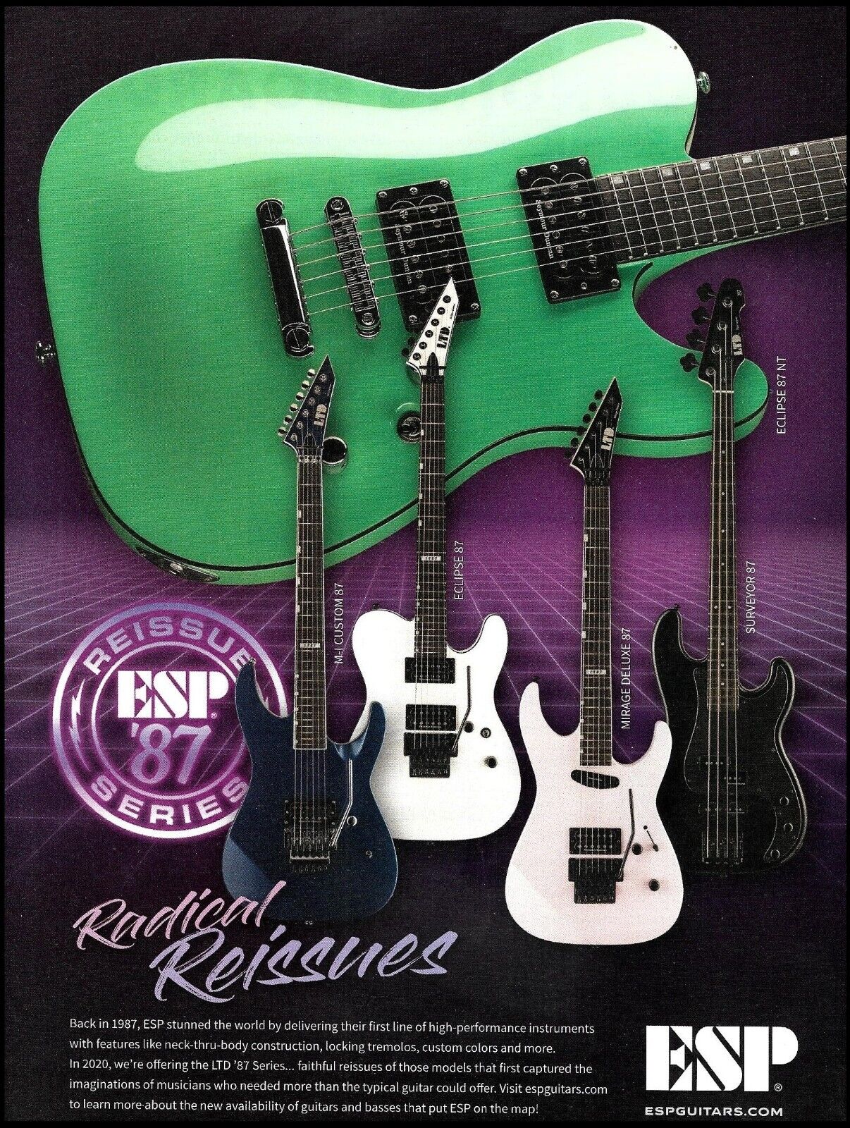 ESP \'87 Reissue Series Eclipse M-1 Mirage Deluxe guitar Surveyor bass ad print