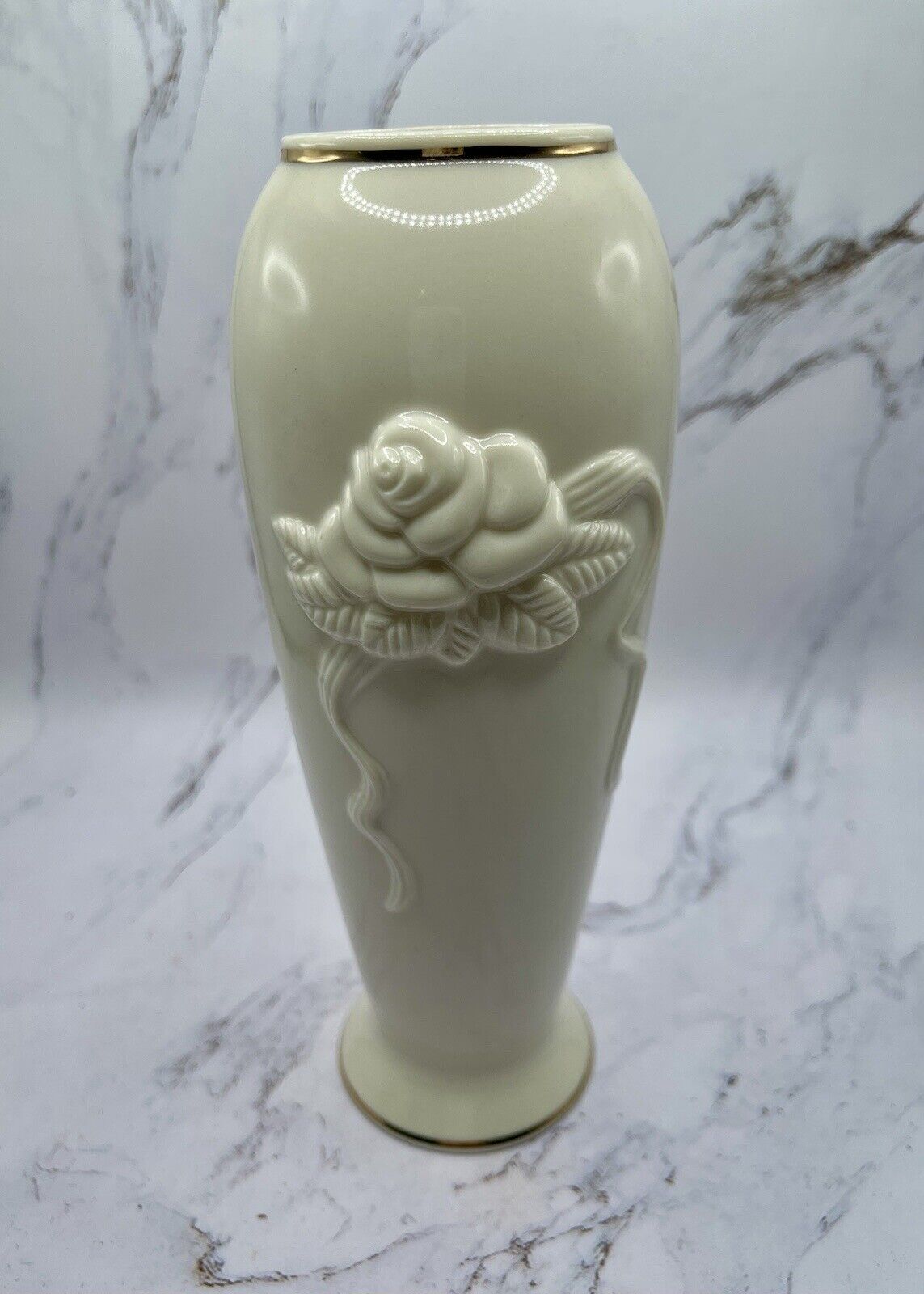 Lenox Vintage Handcrafted Cream Off-White Vase 3D Rose 24K Gold Trim