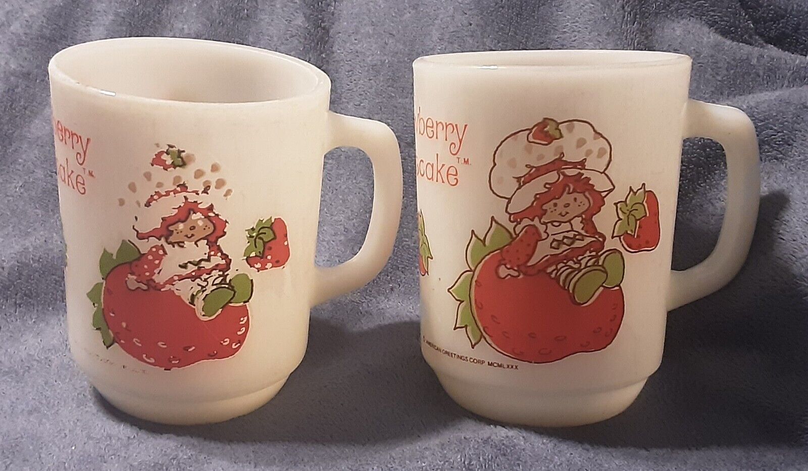 Vintage 2 STRAWBERRY SHORTCAKE Milk Glass Mug Cups, American Greetings Corp 1980