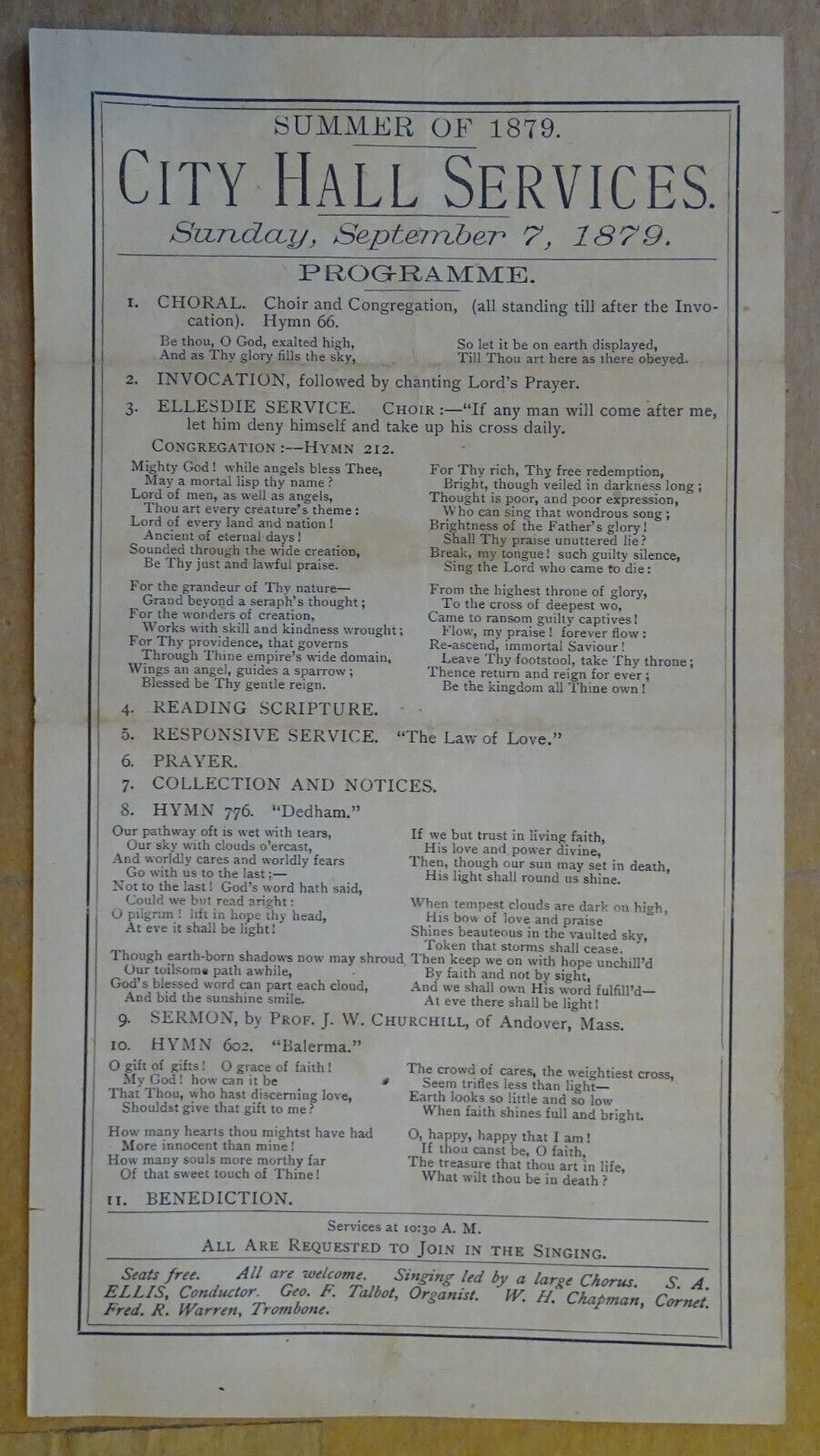 1879 City Hall Services Handbill Programme; Prof. John Wesley Churchill Andover