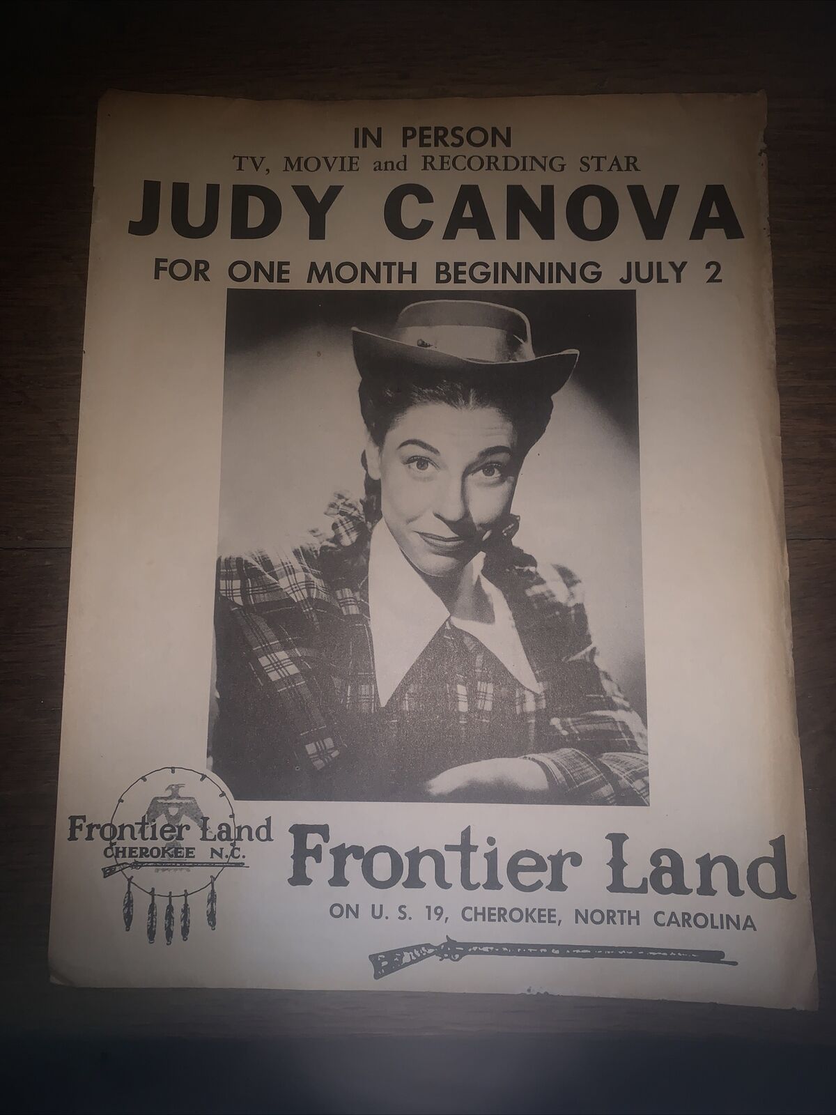 Vintage Cherokee, North Carolina Frontier Land Concert Flyer / Judy Canova/ Rare