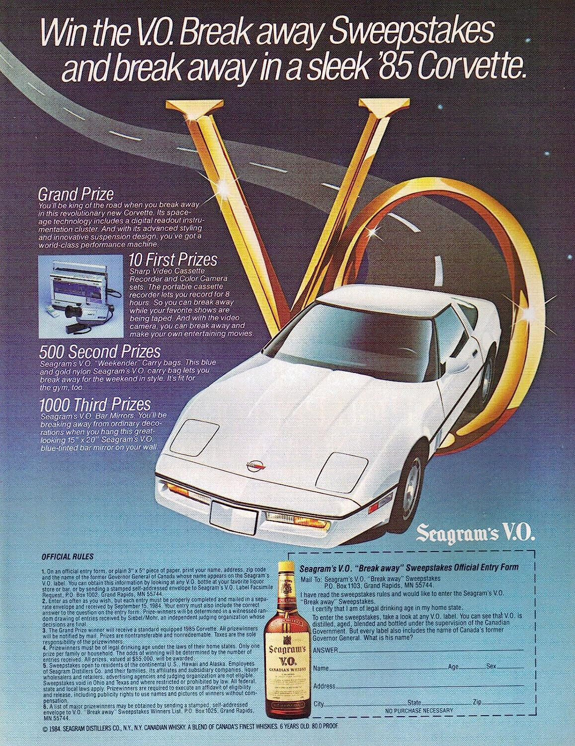1985 Seagram\'s V.O. - \'85 Chevy Corvette Sweepstakes - Vintage Print Ad Photo