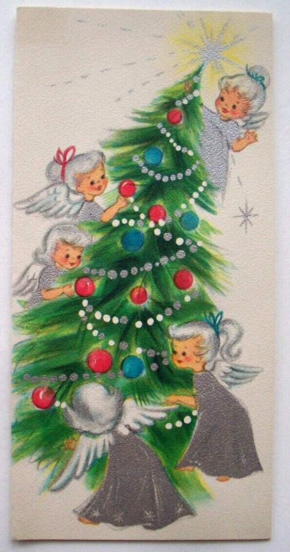 Silvertone angels decorate tree vintage Christmas greeting card *BB14