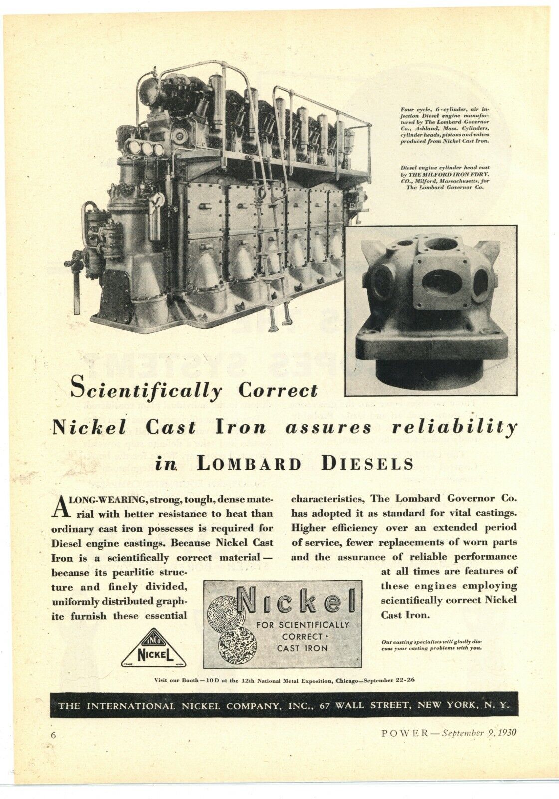 1930 International Nickel Co. INCO Ad: Lombard Governor Co. Diesel Engine Pic.