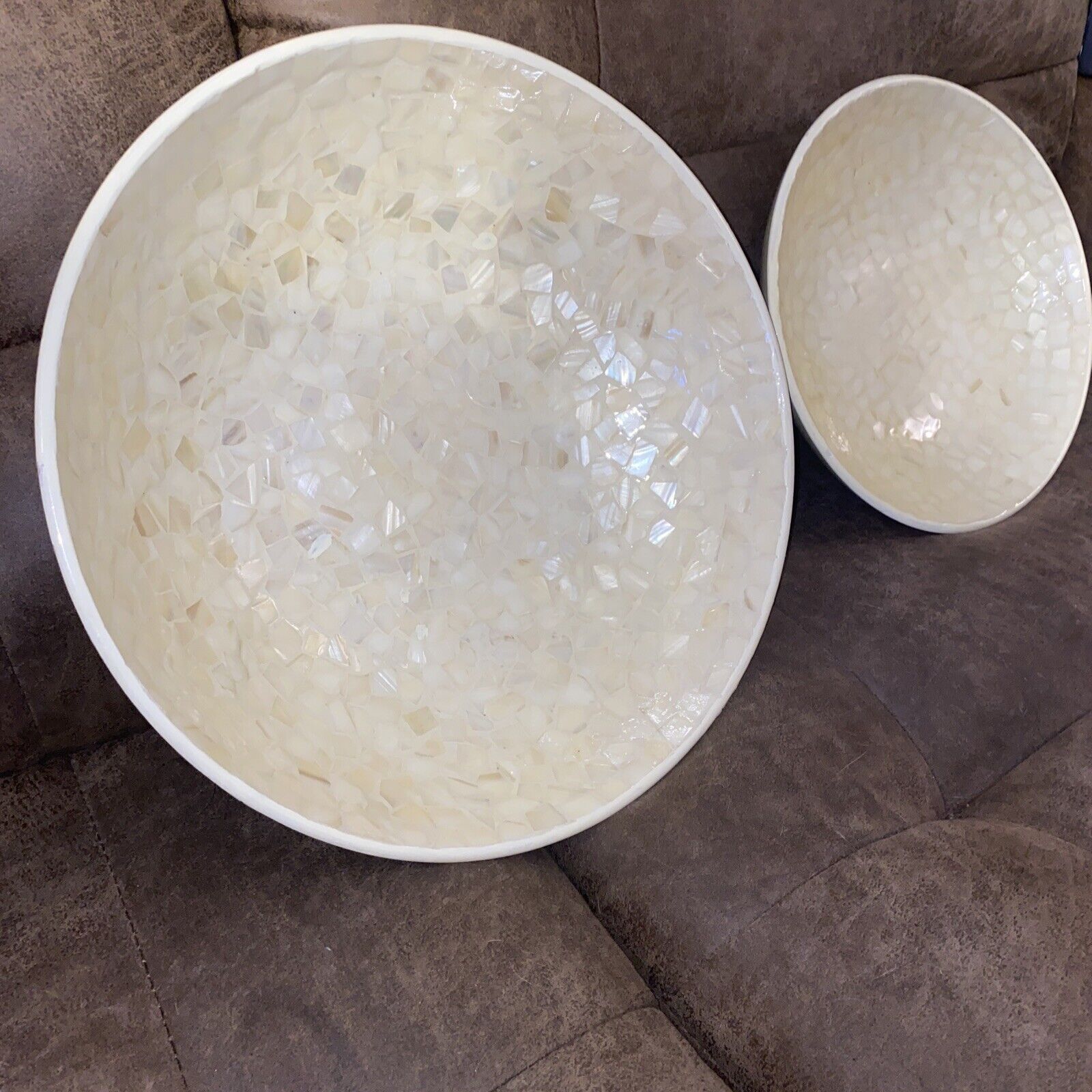 VTG Large Mosaic Mother Of Peal Bowl Set 10” & 13.5” Fruit, Salad, Display Dish