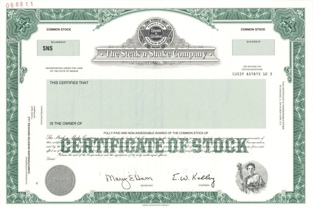 Steak n Shake Co. - 2001 Specimen Stock Certificate - Specimen Stocks & Bonds