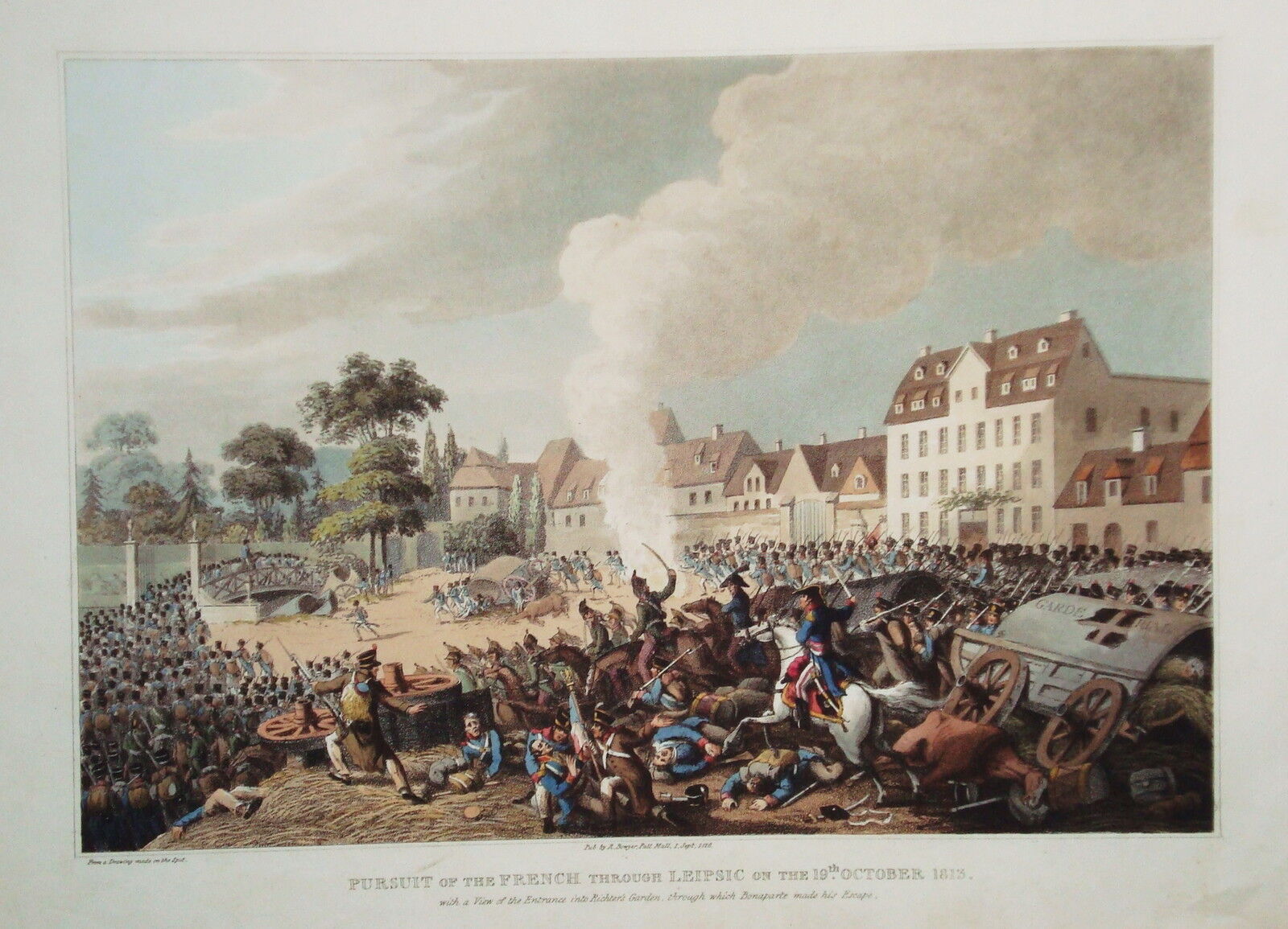 Leipzig Saxony Battle of the Nations Old Coloured Aquatinta Copperplate 1818