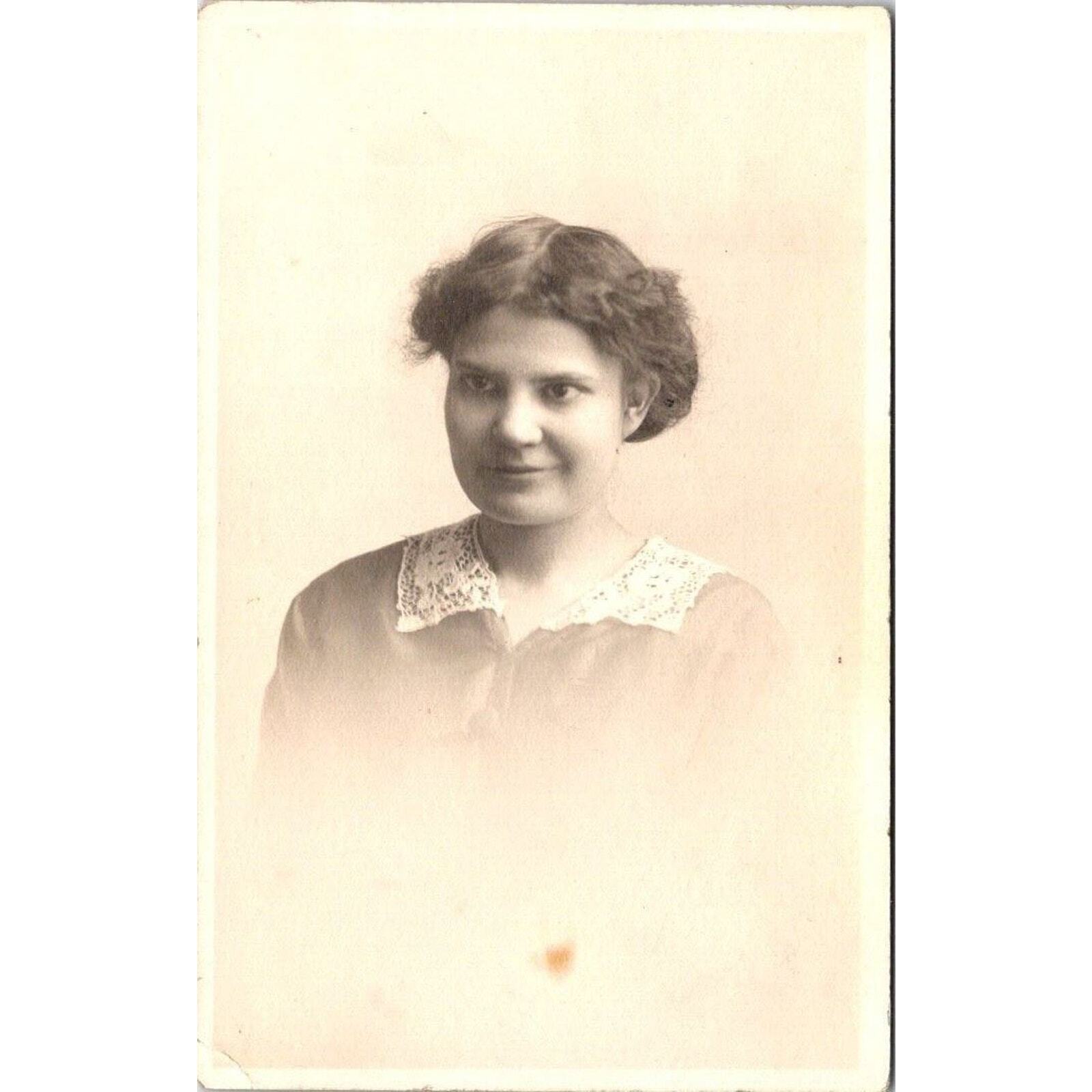 RPPC Woman with Lace Neckline Smiling Vintage Real Photo Postcard Portrait