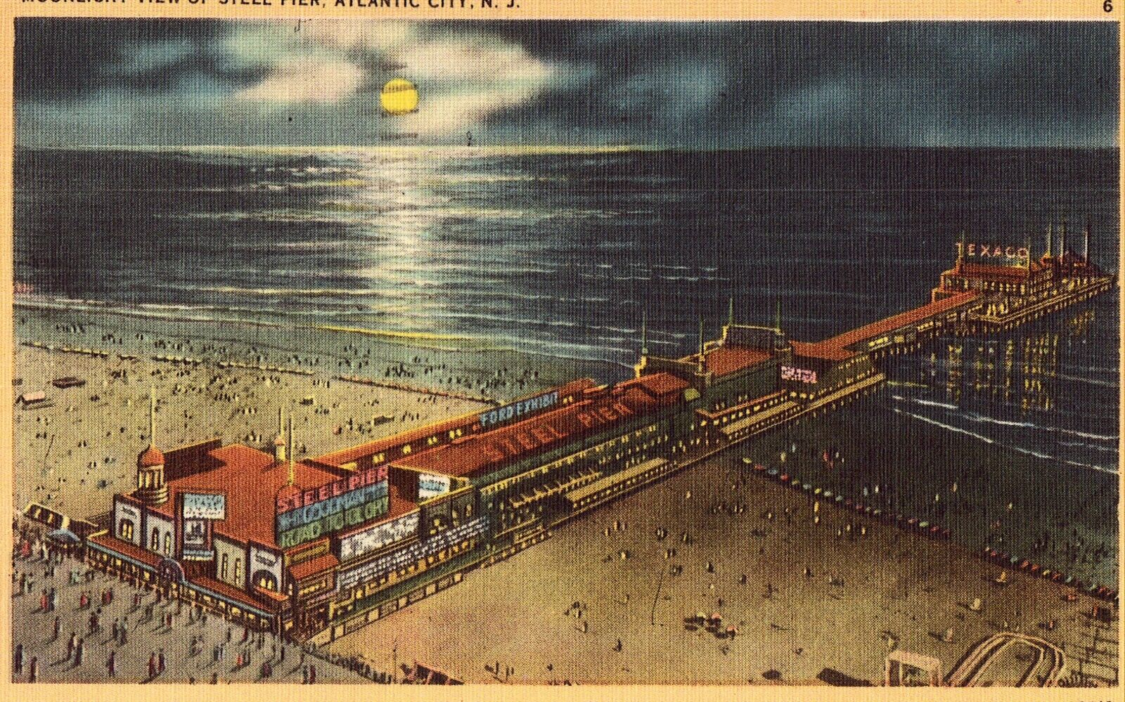 Moonlight View of Steel Pier - Atlantic City Linen Postcard