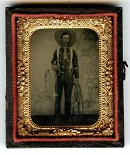 RARE ANTIQUE TINTYPE PHOTO OF WESTERN COWBOY ROPER NINTH PLATE 1870s IN CASE picture