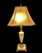 Vintage Double Socket Brass and Marble Table Lamp With Silk Shade; c. 1940's picture