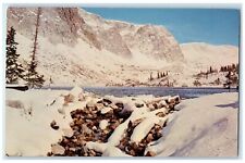 c1950's Winter Scene Of Snowy Range & Lake Marie In Southern Wyoming WY Postcard picture