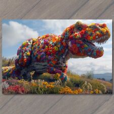 POSTCARD T Rex Dinosaur Covered Flowers Cute Fun Strange Colorful Unreal Unusual picture