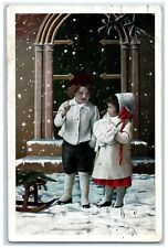 c1910's Children Outside Home Snowfall Winter Handwarmer Posted Antique Postcard picture