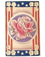 1902-07 Vtg UDB Embossed Postcard 4th July Red White Blue, Fabric Rose Applique picture