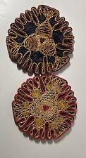 Two Vintage Raffia Straw Hot Pads Wicker Round Trivet Boho Wall Art Colorful picture