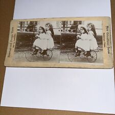 Antique Stereoview Card: Little Girls on Bicycle Tricycle - Look Out of the Way picture