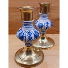 Vintage Pair of Jehvani Brass and Blue White Porcelain Taper Candlestick Holders picture
