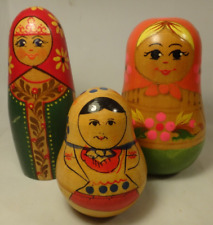 Lot of 3 Vintage Russian Matryoshka Roly Poly Hand Painted Wooden Chime Dolls picture