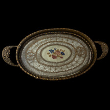 Vintage Filigree Brass LACE PETIT POINT Embroidery Oval Vanity Tray AUSTRIA picture
