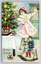 Early  1900s Christmas Tree Angel Girl Pink Fur Coat Boy Toy Rocking Horse Drum picture