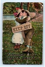 Vintage 1913 Lovers Postcard “ Keep Off Forbidden Fruit Tastes Sweet” picture
