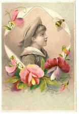 Victorian Trade Card Child Bee Spring Easter Summer Flowers Sweet Pea Sailor Hat picture