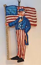 UNCLE SAM w LARGE AMERICAN FLAG  * Glitter JULY PATRIOTIC ORNAMENT * Vtg Img picture