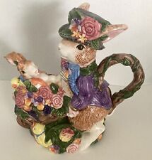 Vintage 1994 Fitz And Floyd 40 OZ Teapot Rabbit Chicks Bunnies Flowers Painted picture