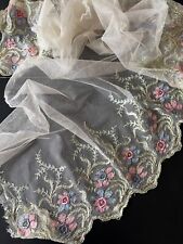 ANTIQUE LACE -  SILK TULLE W/POLYCHROME EMBROIDRY,LACE FOR CRAFTS  picture