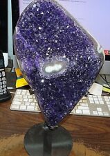 LG  URUGUAY AMETHYST CRYSTAL  CLUSTER W/ STALACTITE BASE; WIDE AGATE RIM; STAND picture