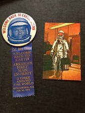 RARE Pinback Button WITH RIBBON 1962 Welcome Back To Earth + John Glenn Postcard picture