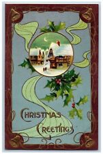 Christmas Postcard Greetings House Winter Holly Berries Embossed c1910's Antique picture